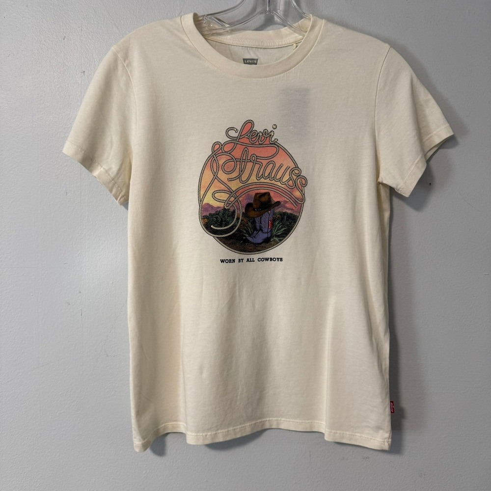 Levis Perfect Tee XS Cream Western Graphic Cowboy Boot Short Sleeve Cotton Shirt